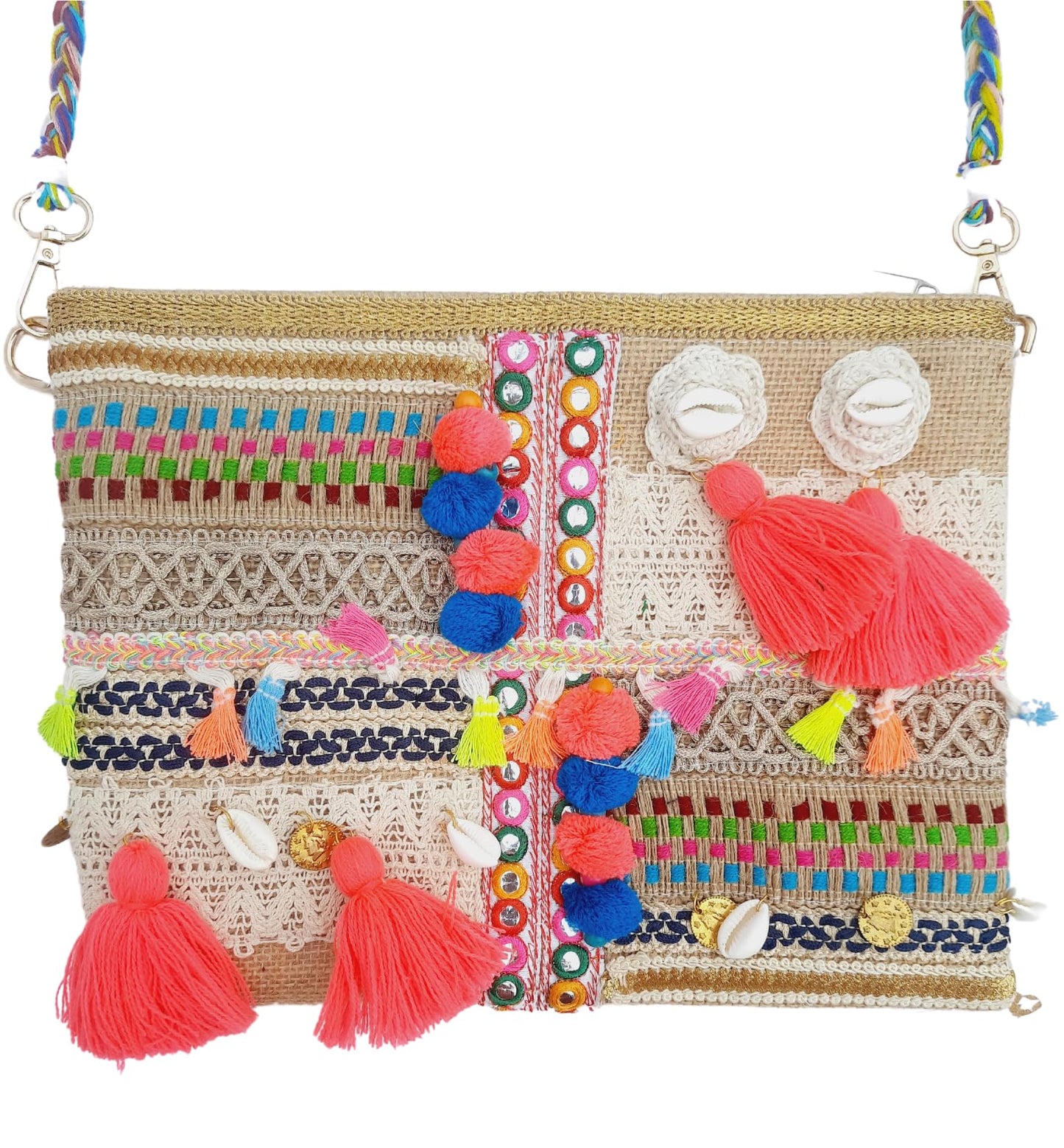 Trend Overseas Multicolor Jute Embroidery pom pom Bridal Bag cross body party sling bag