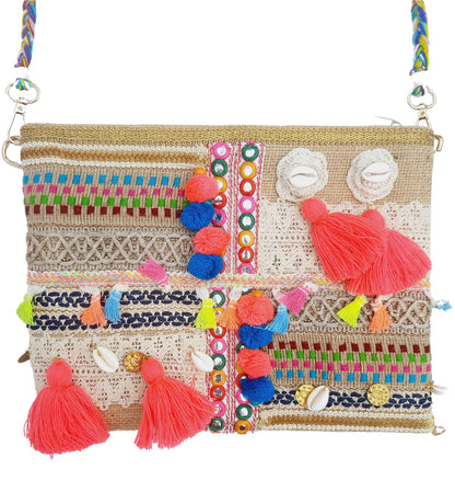 Trend Overseas Multicolor Jute Embroidery pom pom Bridal Bag cross body party sling bag