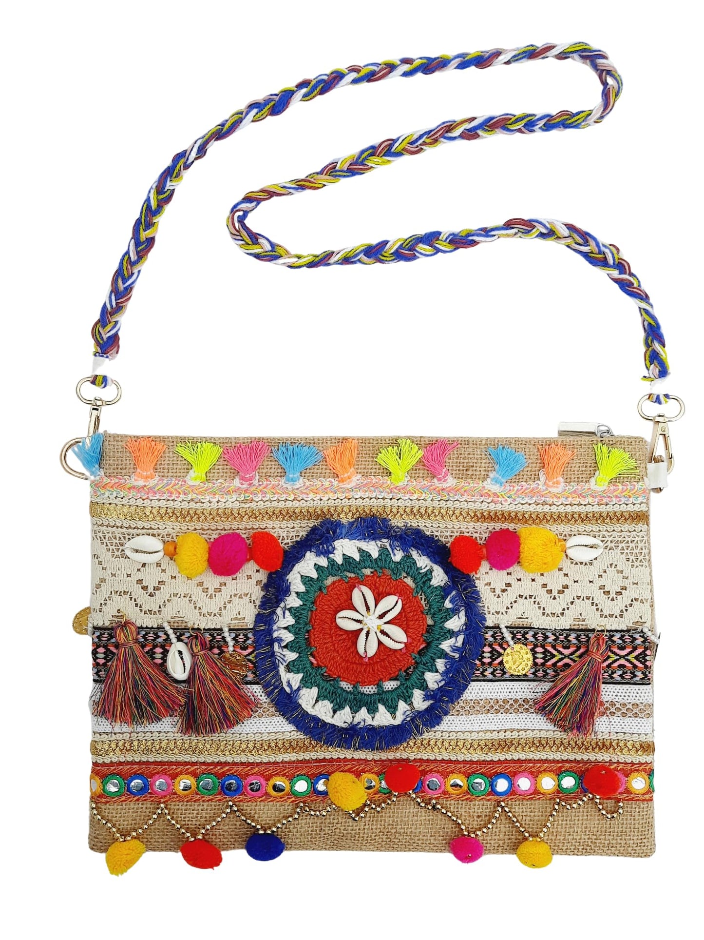 Trend Overseas Multicolor Jute Embroidery pom pom Bridal Bag cross body party sling bag