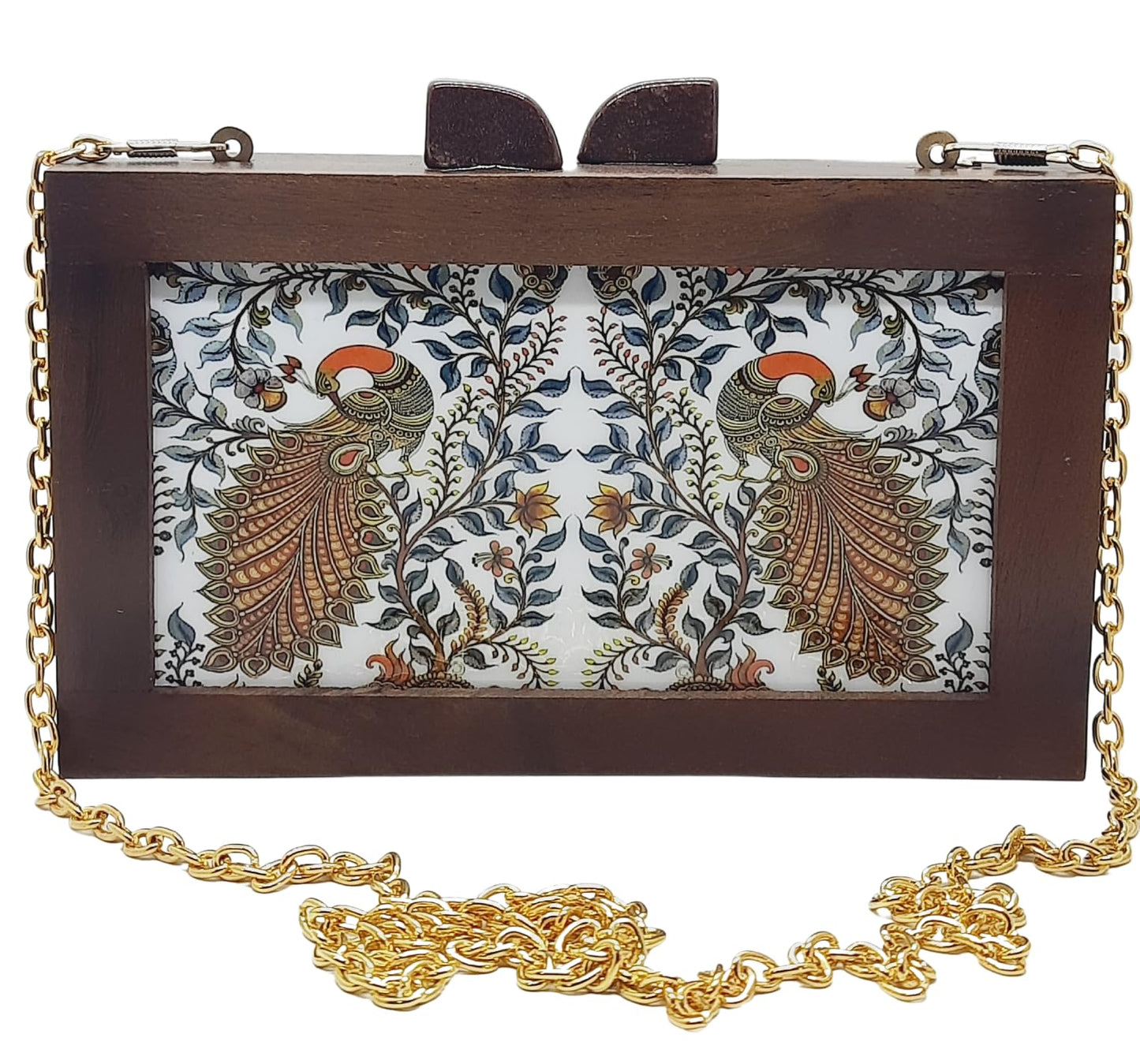 Trend Overseas Women's Wooden Printed Ethnic Clutch Bag/Bridal Purse/Handbag_Crossbody Sling Bags Detachable Chain for Bridal,