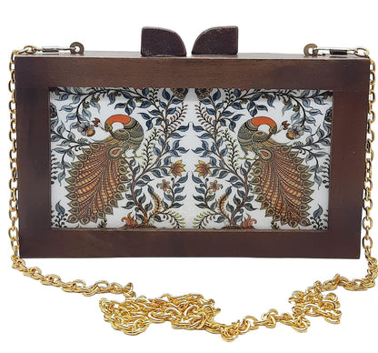Trend Overseas Women's Wooden Printed Ethnic Clutch Bag/Bridal Purse/Handbag_Crossbody Sling Bags Detachable Chain for Bridal,