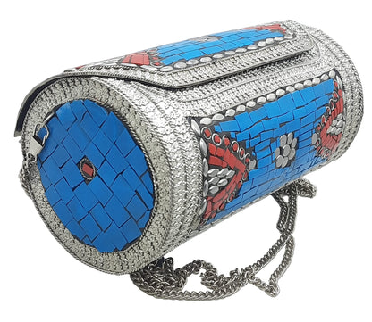 Trend Overseas Eye Catching Handmade Cylinder Round Ethnic Stone Metal bag Antique Bridal clutch