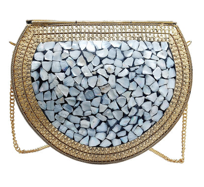 Trend Overseas Golden shell nacre stone bag ethnic clutch indian antique purse mosaic bag metal bag