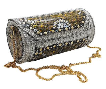 Trend Overseas Eye Catching Handmade Cylinder Round Ethnic Stone Metal bag Antique Bridal clutch
