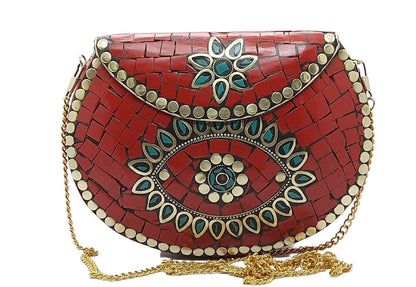 Trend Overseas Ethnic Antique Indian Handmade Mosaic Stone Chip Bag Bridal Clutch