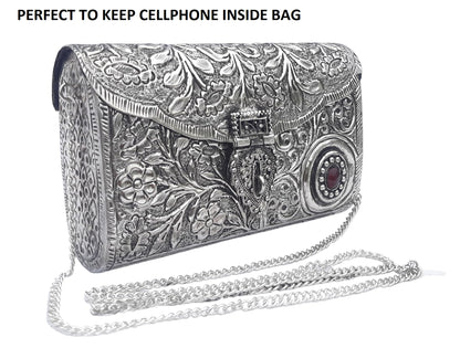 Trend Overseas Ethnic Women Silver Brass Metal Bridal bag Handle Clutch Sling Bag