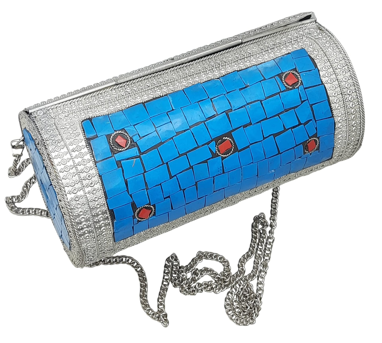 Trend Overseas Eye Catching Handmade Cylinder Round Ethnic Stone Metal bag Antique Bridal clutch