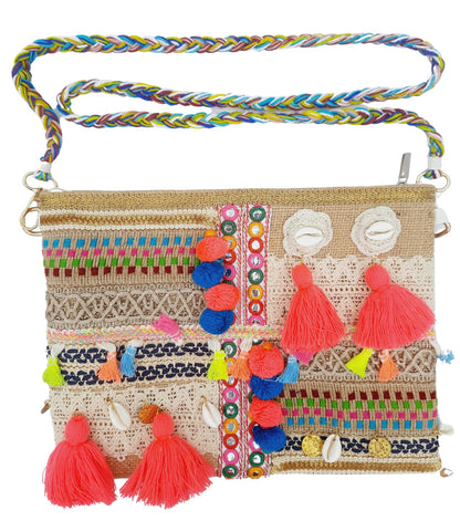 Trend Overseas Multicolor Jute Embroidery pom pom Bridal Bag cross body party sling bag