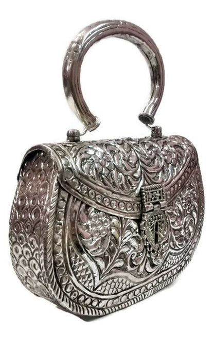 Silver white clutches Vintage Handmade Brass metal purse Hand clutch Handbag for women party Bride marriage clutch