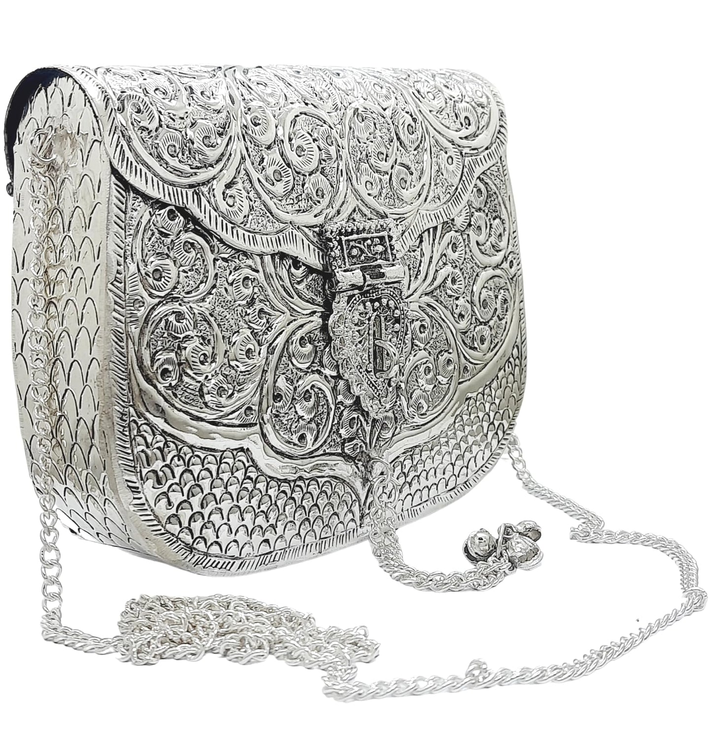 Trend Overseas Women Silver Bridal Metal Clutch - Antique Hand Carving Bag Bridal Antique Purse