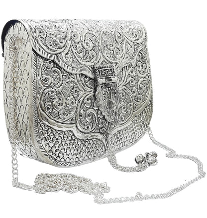 Trend Overseas Women Silver Bridal Metal Clutch - Antique Hand Carving Bag Bridal Antique Purse