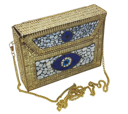 Trend Overseas Women's Golden shell nacre stone bag ethnic Metal clutch