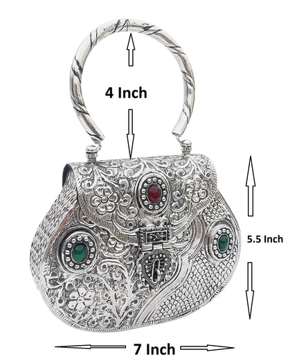 Trend Overseas Ethnic Women Silver Brass Metal Bridal bag Handle Clutch Sling Bag