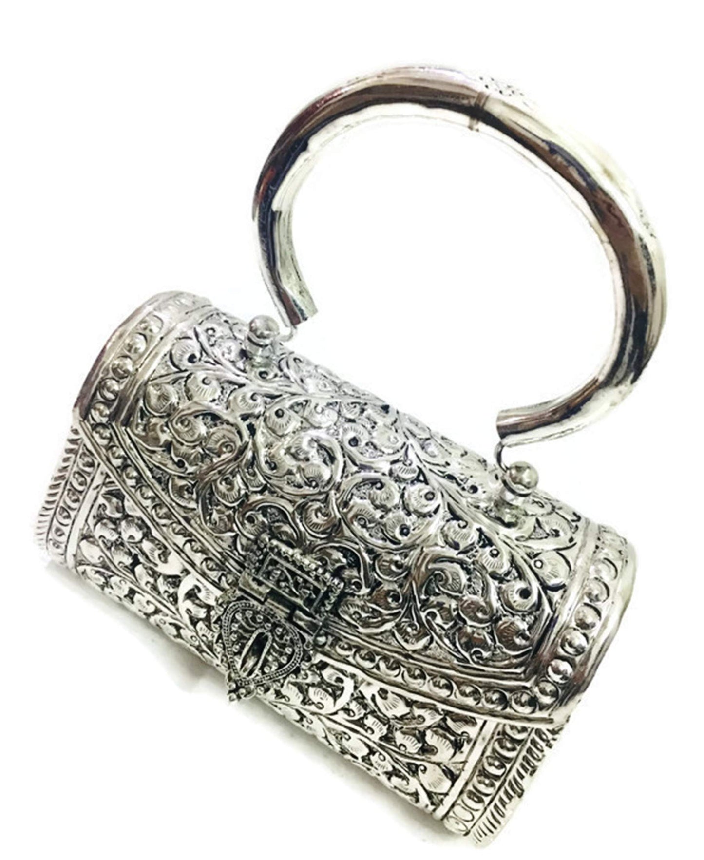 Trend Overseas Oxidized Silver Clutch Bag with Handle – German Brass Bridal Purse for Weddings & Parties