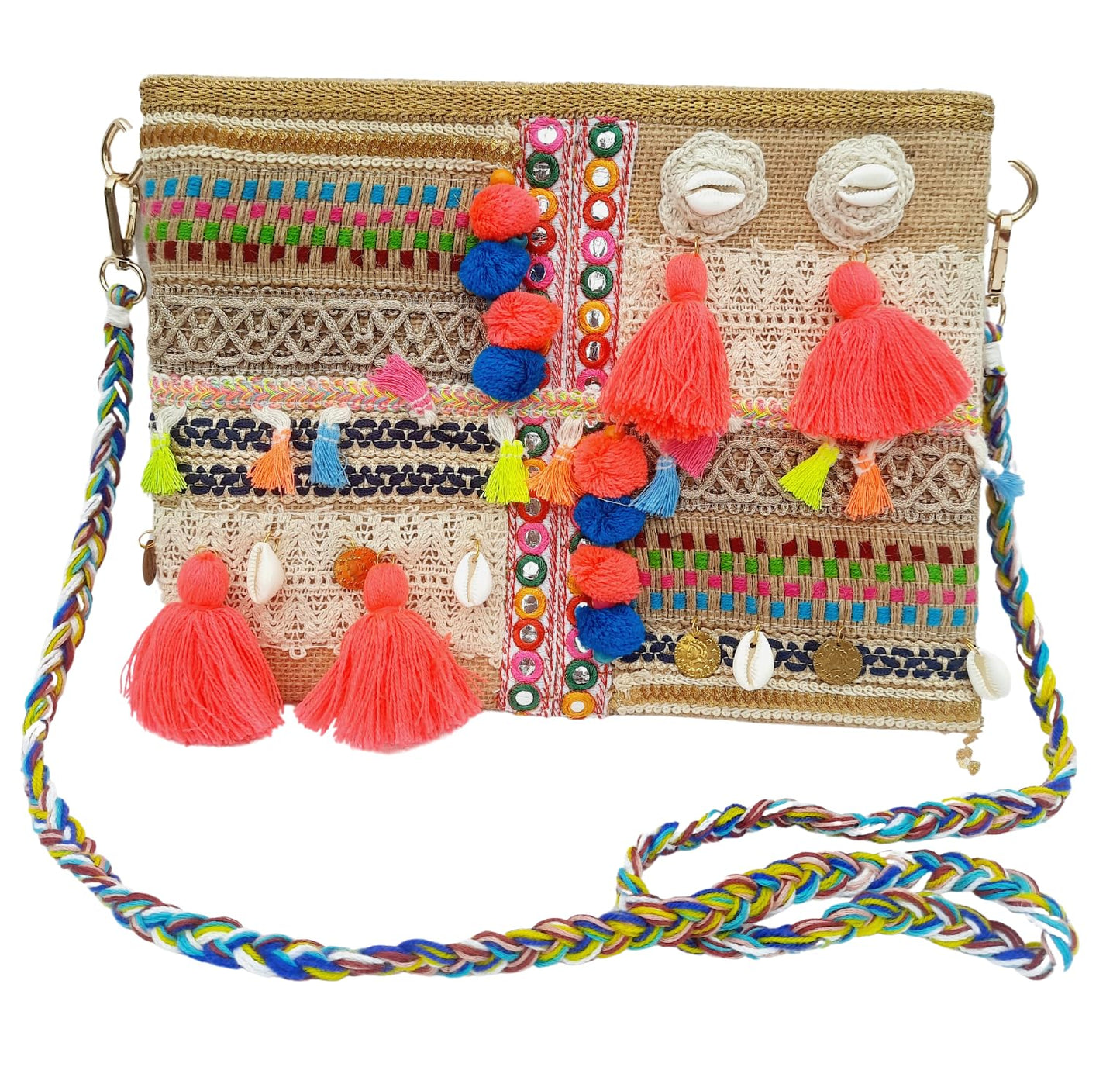 Trend Overseas Multicolor Jute Embroidery pom pom Bridal Bag cross body party sling bag