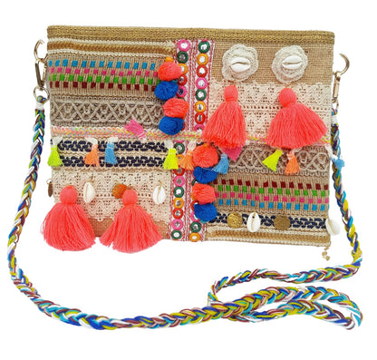 Trend Overseas Multicolor Jute Embroidery pom pom Bridal Bag cross body party sling bag