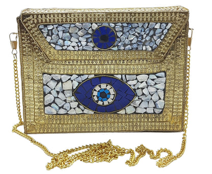 Trend Overseas Women's Golden shell nacre stone bag ethnic Metal clutch