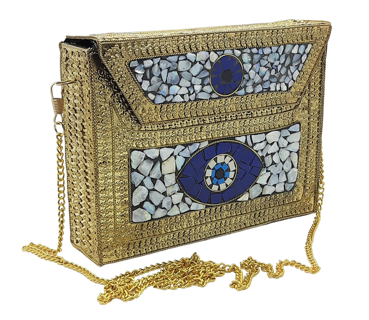 Trend Overseas Women's Golden shell nacre stone bag ethnic Metal clutch