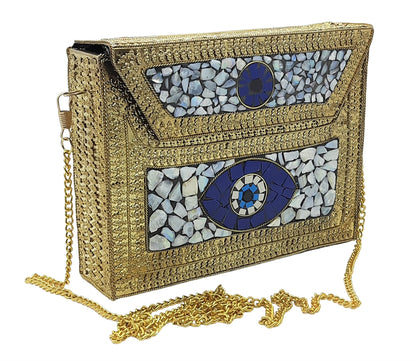 Trend Overseas Women's Golden shell nacre stone bag ethnic Metal clutch