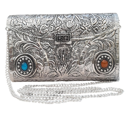Trend Overseas Ethnic Women Silver Brass Metal Bridal bag Handle Clutch Sling Bag