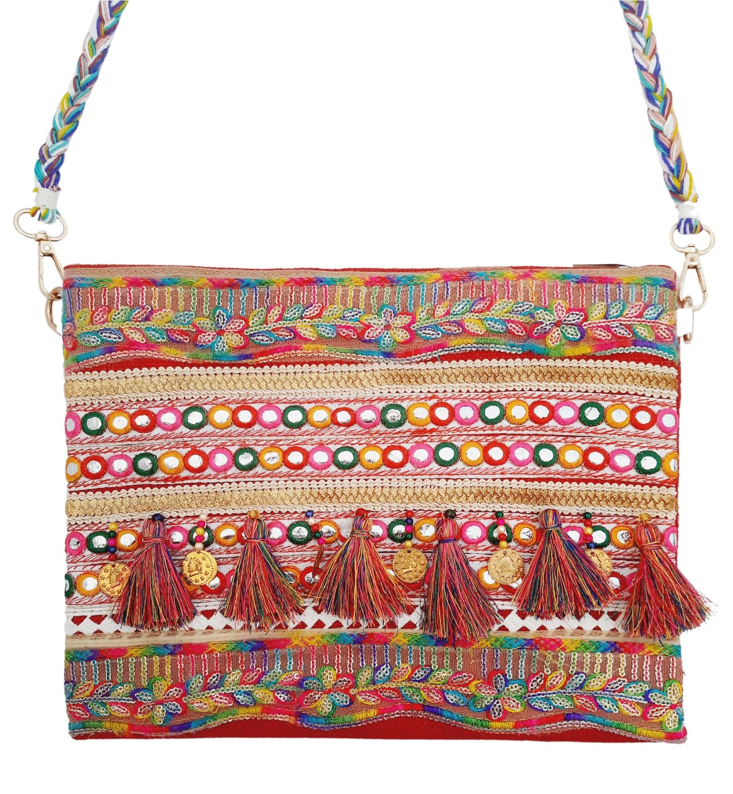 Trend Overseas Multicolor Jute Embroidery pom pom Bridal Bag cross body party sling bag