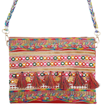 Trend Overseas Multicolor Jute Embroidery pom pom Bridal Bag cross body party sling bag
