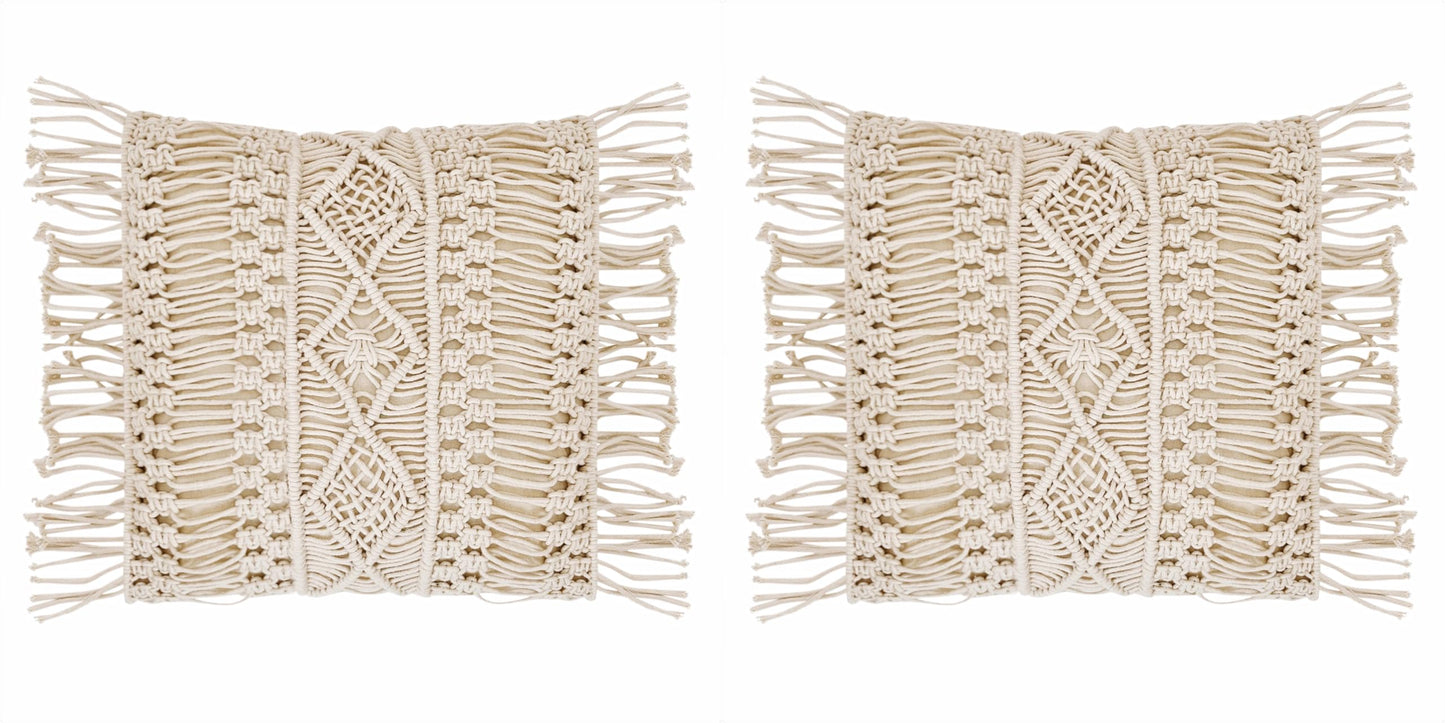 Trend Overseas 2 Piece Set Handwoven Macrame Pillowcase Ivory Cotton Off-White Cushion Cover Sofa Decor