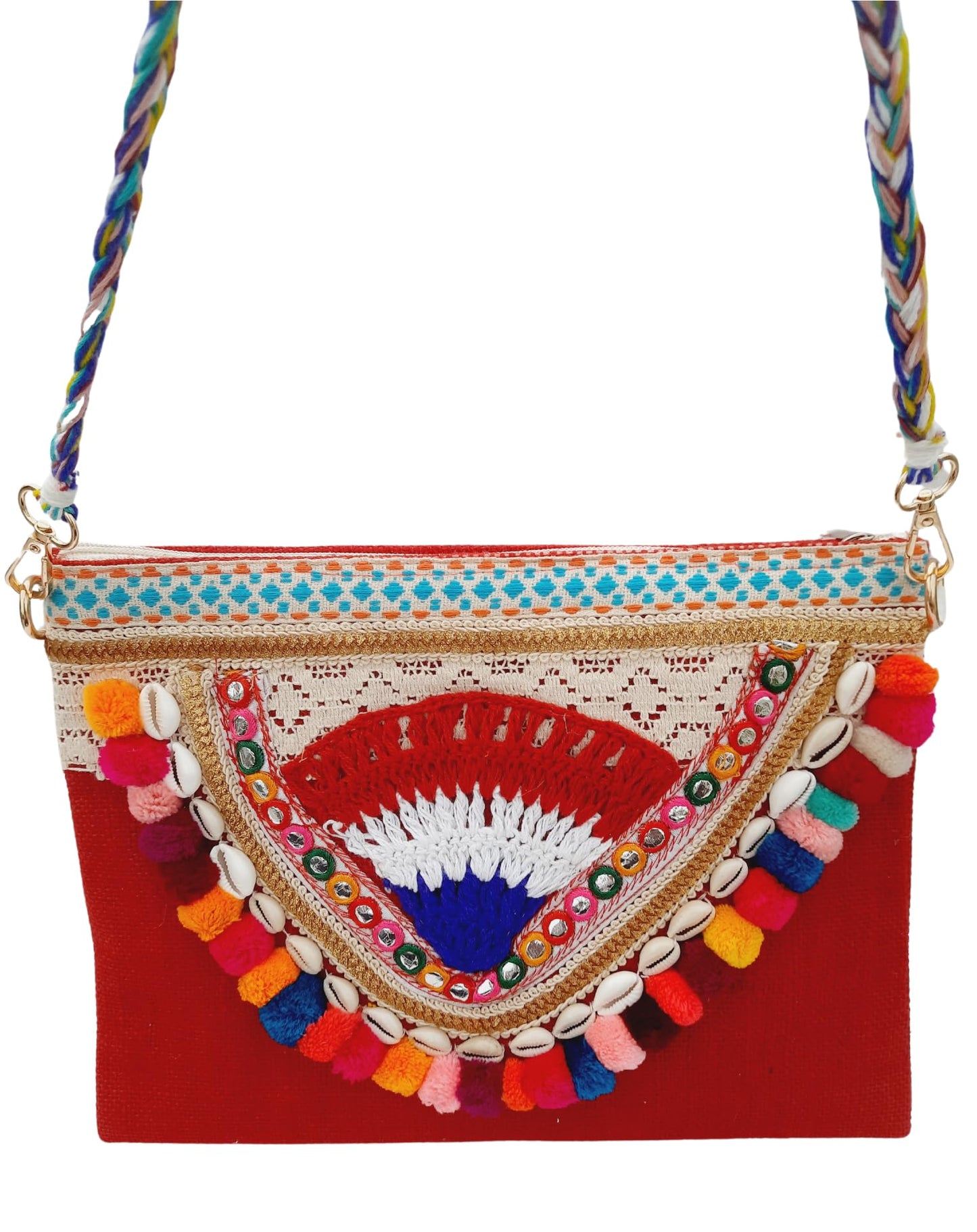 Trend Overseas Multicolor Jute Embroidery pom pom Bridal Bag cross body party sling bag
