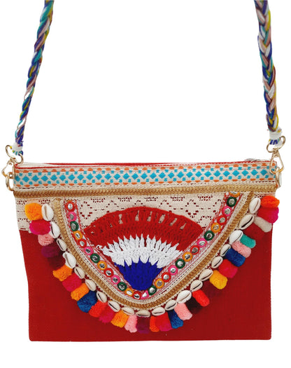 Trend Overseas Multicolor Jute Embroidery pom pom Bridal Bag cross body party sling bag