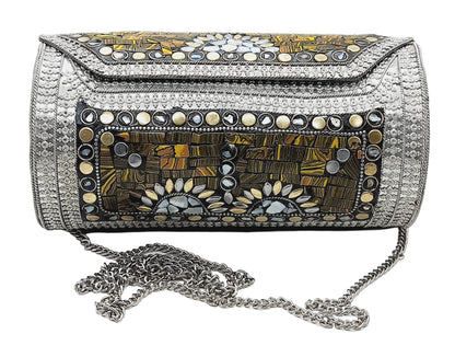 Trend Overseas Eye Catching Handmade Cylinder Round Ethnic Stone Metal bag Antique Bridal clutch