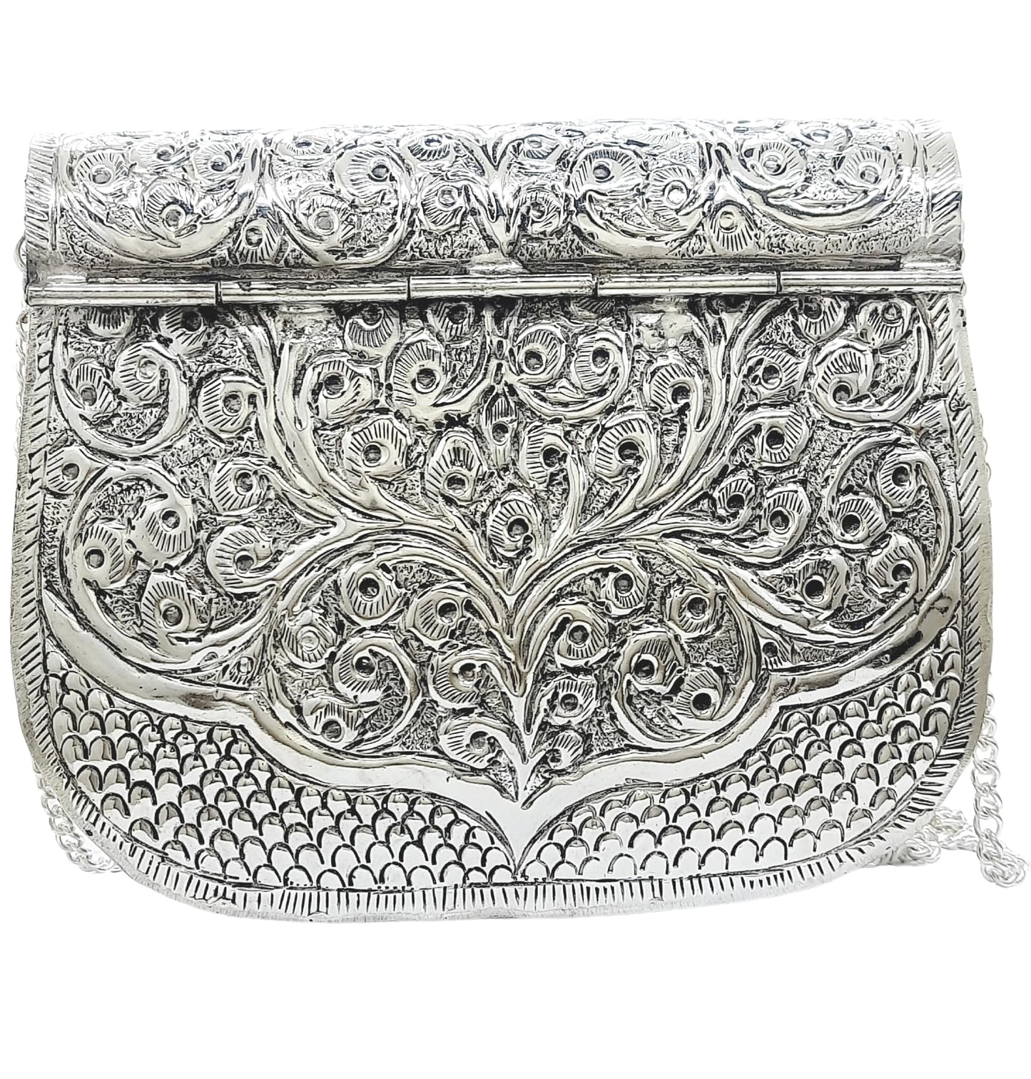 Trend Overseas Women Silver Bridal Metal Clutch - Antique Hand Carving Bag Bridal Antique Purse