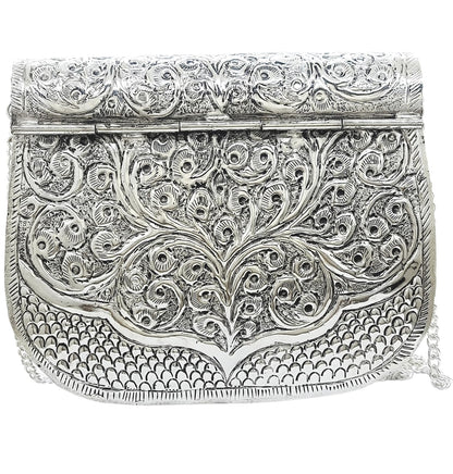 Trend Overseas Women Silver Bridal Metal Clutch - Antique Hand Carving Bag Bridal Antique Purse