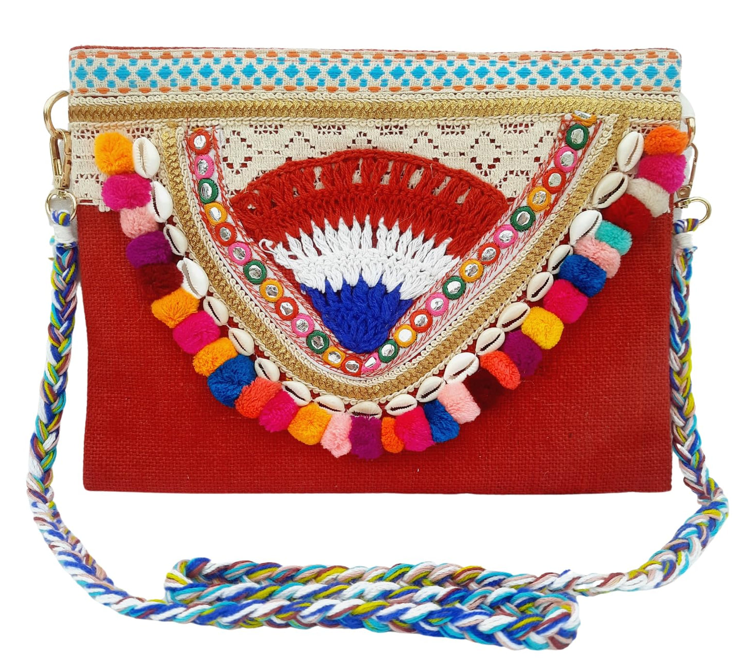 Trend Overseas Multicolor Jute Embroidery pom pom Bridal Bag cross body party sling bag