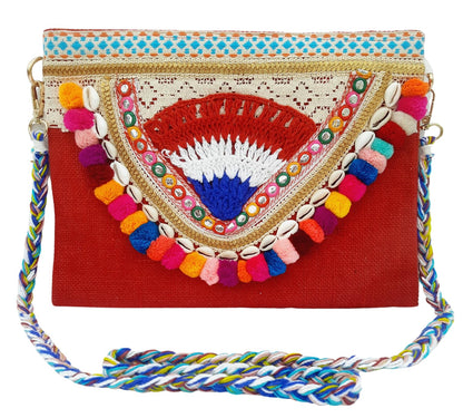 Trend Overseas Multicolor Jute Embroidery pom pom Bridal Bag cross body party sling bag