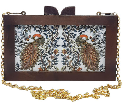 Trend Overseas Women's Wooden Printed Ethnic Clutch Bag/Bridal Purse/Handbag_Crossbody Sling Bags Detachable Chain for Bridal,