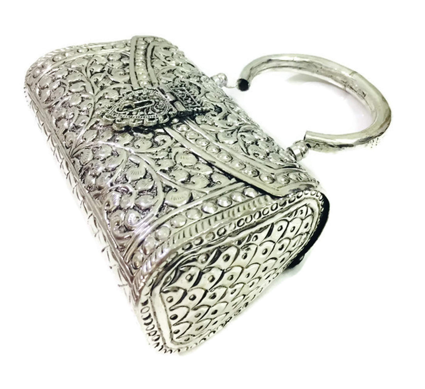 Trend Overseas Oxidized Silver Clutch Bag with Handle – German Brass Bridal Purse for Weddings & Parties
