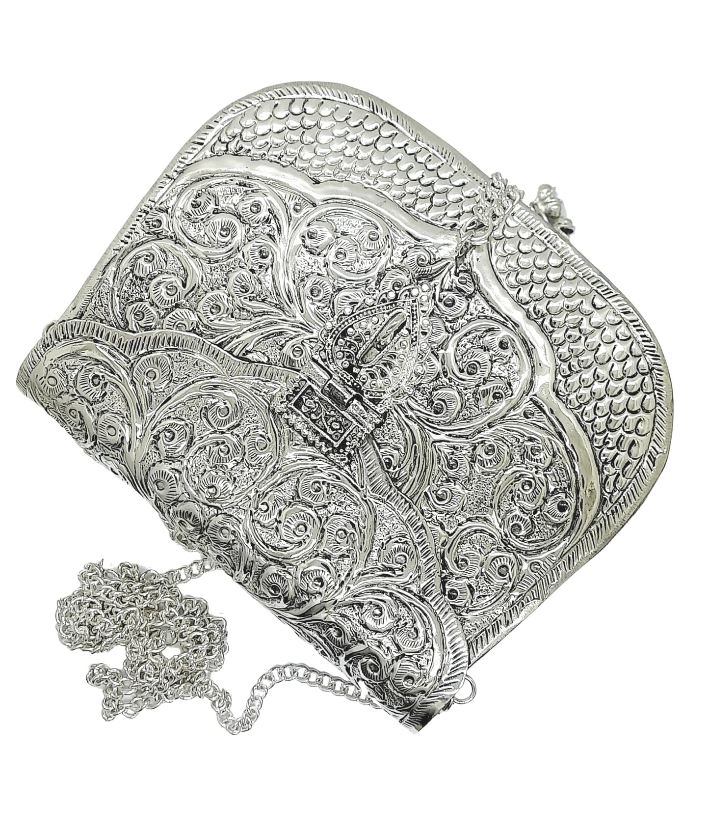 Trend Overseas Women Silver Bridal Metal Clutch - Antique Hand Carving Bag Bridal Antique Purse