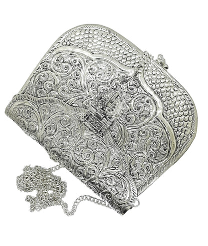 Trend Overseas Women Silver Bridal Metal Clutch - Antique Hand Carving Bag Bridal Antique Purse