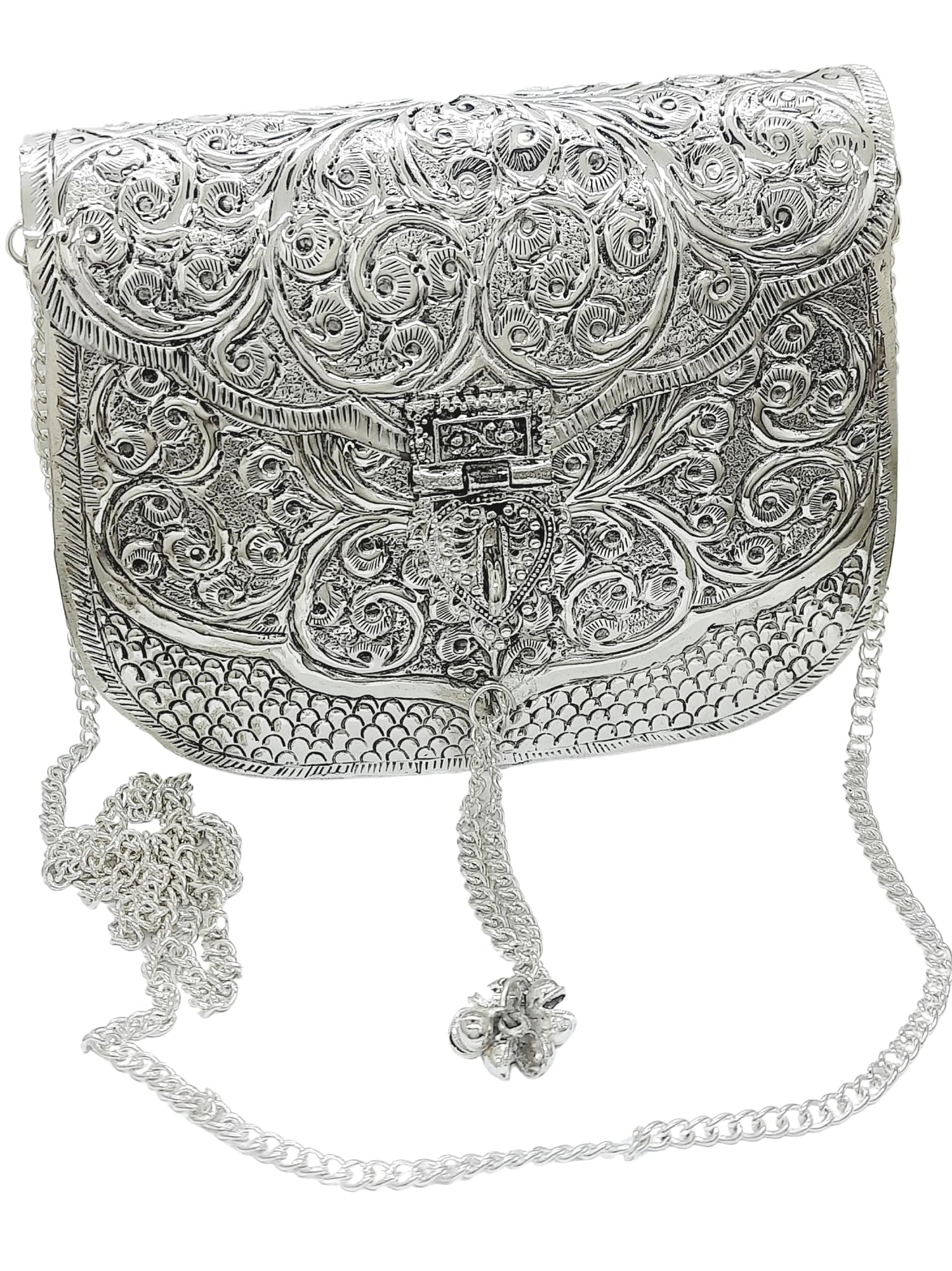 Trend Overseas Women Silver Bridal Metal Clutch - Antique Hand Carving Bag Bridal Antique Purse
