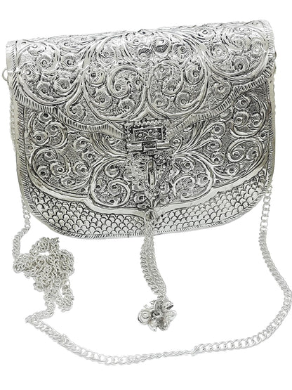 Trend Overseas Women Silver Bridal Metal Clutch - Antique Hand Carving Bag Bridal Antique Purse