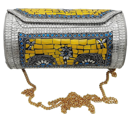 Trend Overseas Eye Catching Handmade Cylinder Round Ethnic Stone Metal bag Antique Bridal clutch