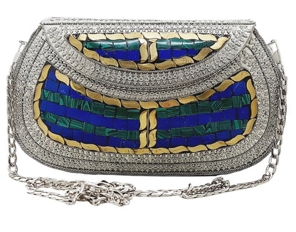 Trend Overseas Handmade Antique Stone Bag Ethnic Clutch - Metal Bag Perfect for Parties, Fits All Cellphone Models