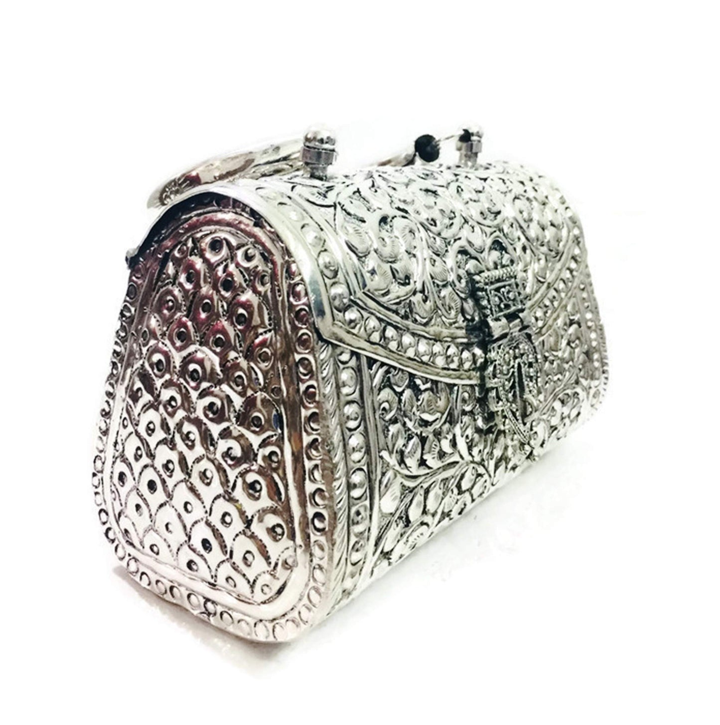 Trend Overseas Oxidized Silver Clutch Bag with Handle – German Brass Bridal Purse for Weddings & Parties