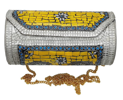 Trend Overseas Eye Catching Handmade Cylinder Round Ethnic Stone Metal bag Antique Bridal clutch