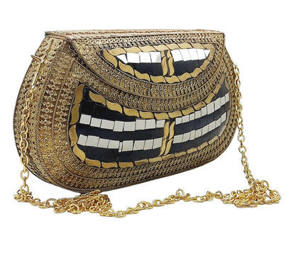 Trend Overseas Handmade Antique Stone Bag Ethnic Clutch - Metal Bag Perfect for Parties, Fits All Cellphone Models