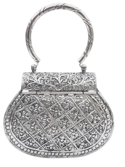 Trend Overseas Ethnic Women Silver Brass Metal Bridal bag Handle Clutch Sling Bag