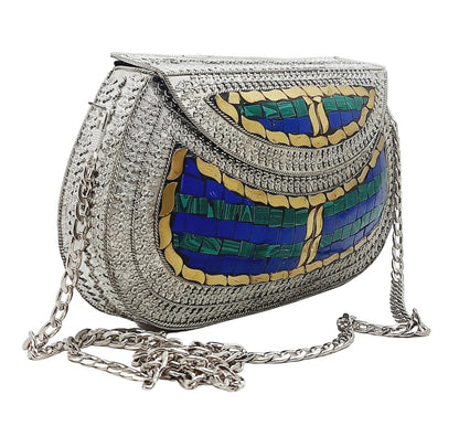 Trend Overseas Handmade Antique Stone Bag Ethnic Clutch - Metal Bag Perfect for Parties, Fits All Cellphone Models