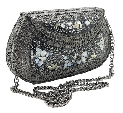 Trend Overseas Handmade Antique Stone Bag Ethnic Clutch - Metal Bag Perfect for Parties, Fits All Cellphone Models
