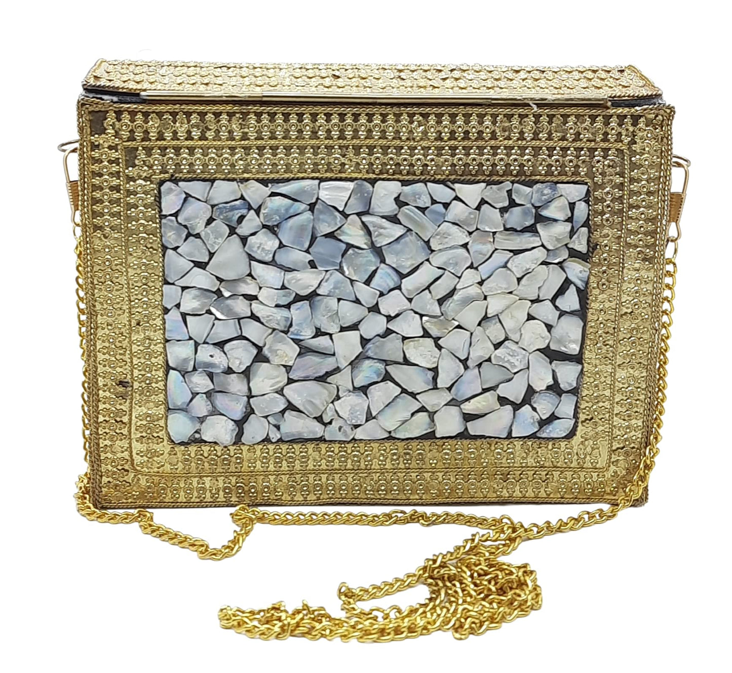 Trend Overseas Women's Golden shell nacre stone bag ethnic Metal clutch