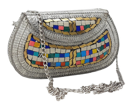 Trend Overseas Handmade Antique Stone Bag Ethnic Clutch - Metal Bag Perfect for Parties, Fits All Cellphone Models